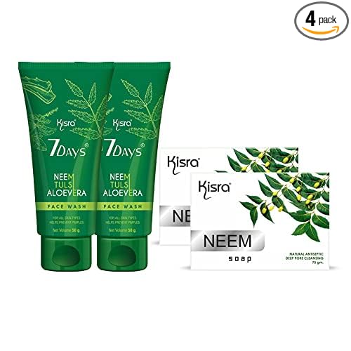 Kisra 7days Neem, Tulsi and Aloe Vera | Acne | Reduce Scarring for Softer | Daily Use | Oily Skin | Bright, Clear Skin Face Wash + Neem Deep Pore Cleansing Soap (2 Face wash + 2 Soap)
